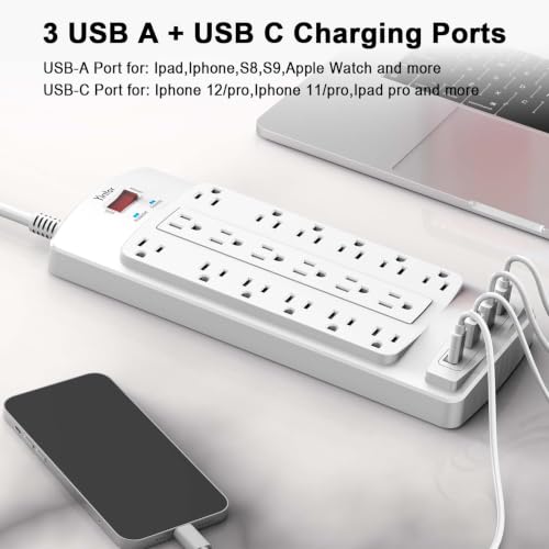 Image of Surge Protector Power Strip, Yintar 10 Feet Flat Plug Heavy Duty Extension Cord with 18 Widely Outlets and 4 USB Ports, 2100 Joules, ETL Listed, White