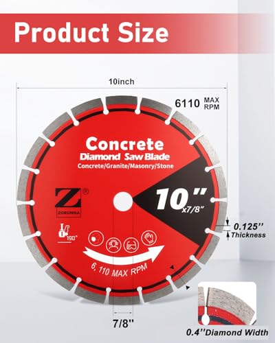 ZORUNNA 10 Inch Diamond Concrete Saw Blade, 1/4\" Segment Width Wet Tile Saw, 7/8\" Arbor for Dry/Wet Cutting Granite Masonry Brick Block - Thumbnail 4