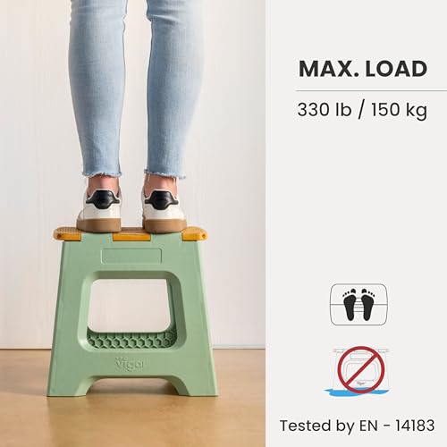 Image of Vigar Compact Folding Step Stool, 12-1 /2 in, Green Bamboo Print | 12-1 /2 in Foldable Stool, Lightweight Portable Design, Handle, Non Slip Surface, Space-Saving, Supports up to 330 lb