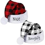 Boyiee 2 Pieces Naughty and Nice Plush Christmas Santa Hats Buffalo Plaid Holiday Hat for Christmas Party Supplies (White, Black, Red, Adult Size)