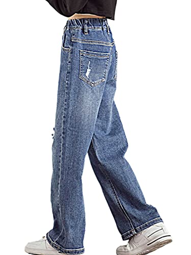 easyforever Kids Girls Stretchy Jeans Ripped Distressed Denim Pants Washed Elastic Waist Straight Wide Leg Jeans3