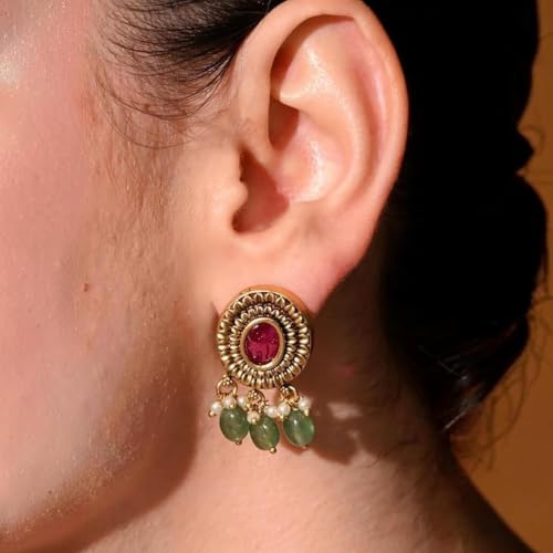 Image of Sayda JewelsGold Plated Antique Traditional Jhumka Earring Indian ethnic Temple design studs Chandbali Style Bridal, Wedding & Festive Jewellery For Women & Girls
