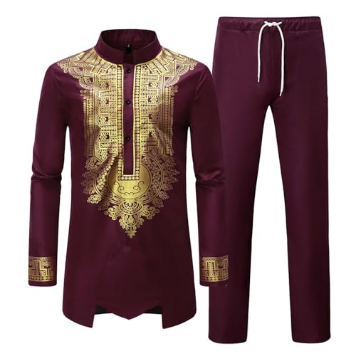 Cambkatl Mens Men's Africa Suit Band Collar Long Sleeve Gold Print Dashiki and Long Pants Traditional 2 Piece Outfits