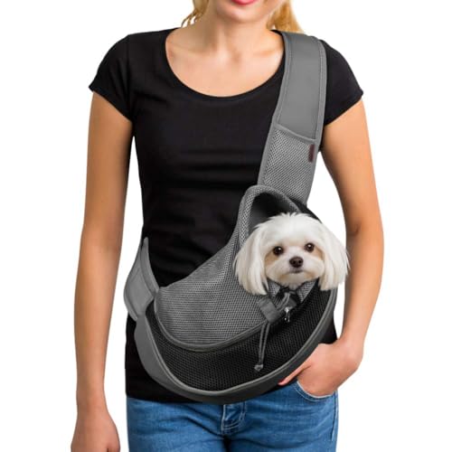 YUDODO Pet Sling Carrier for Small Dogs & Cats – Hands-Free Puppy Carrier with Safety Hook, Large Zipper Pocket, Soft Breathable Mesh, Adjustable Strap & Reflective Strip (Black 1.0 S)