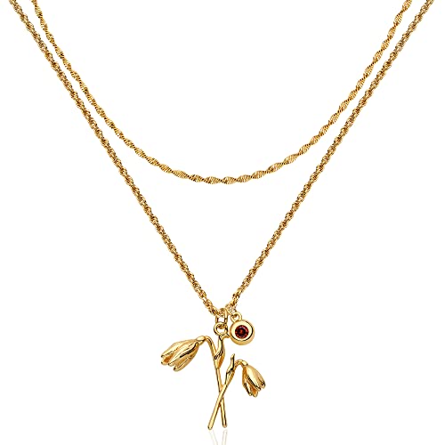 MTMY Birth Flower Necklaces for Women 18K Gold Plated Dainty Layered Birth Month Flower with Birthstone Pendant Necklaces Personalized Custom Floral Jewelry (January-Snowdrop)