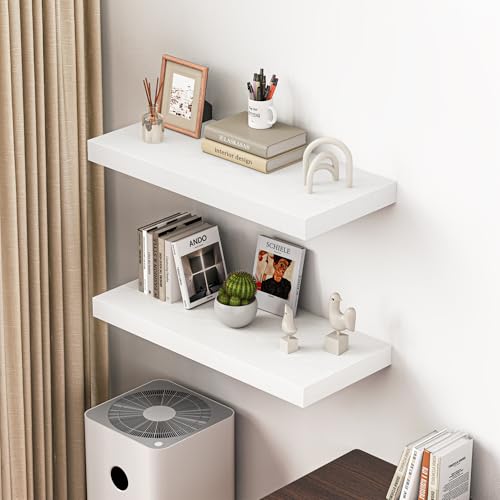 Image of Dreamland 32 inch Floating Shelves for Wall, 12 inch Deep Thicker White Floating Shelves, Wall-Mounted Shelves for Bedroom, Living Room, Kitchen, Bathroom - Set of 2