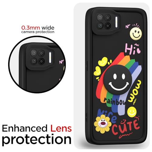 Image of Pikkme Back Cover for Oppo F17 | Soft Silicone| Cute Rainbow Smile & 3D Cartoon Flower Design | Shockproof Raised Camera Protection Bumper Case (Black)