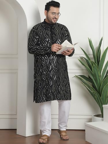 Sojanya Plus (Since 1958) Men's Pure Cotton Designer Black Kurta With White Churidar Pyjama