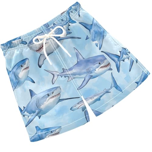 Pigsaly Boys' Swim Board Shorts Watercolor Sea Blue Sharks Boy's Swim Trunks Kids Swimwear 4T
