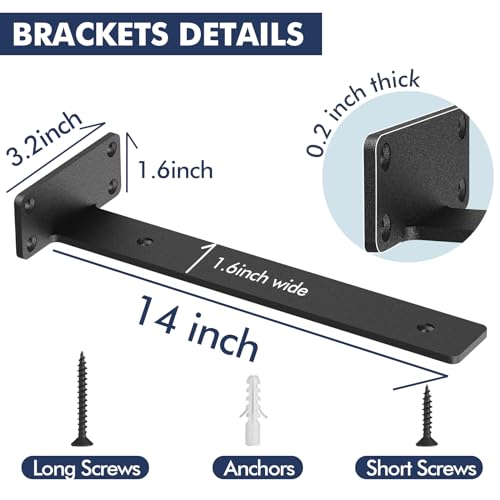 Image of Starunder 4 Pack Floating Shelf Brackets,14 inch Heavy Duty Metal Brackets | 1 /5 Inch Thicked Black Metal L Brackets for Shelves