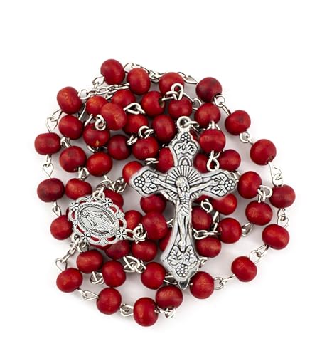 Catholic Rose Petal Red Rosary Necklace with Rose Bud Glass Bottle Rosary Case with Screw Top Silver Lid, onesize4