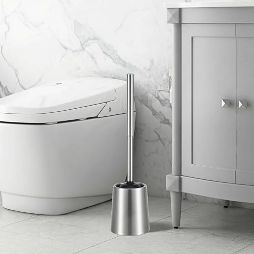 Image of SUS304 Stainless Steel Toilet Brush and Holder Hard Bristles Bathroom Brush Head Toilet Cleaner for Bowl Bathroom Cleaning Brush Caddy with Oily Coating Brushed Chrome
