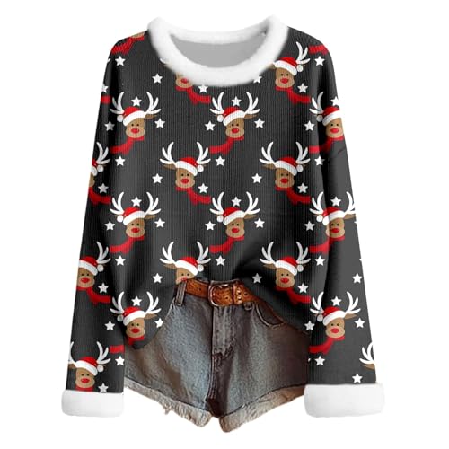 Jersey de Navidad para mujer, sudadera navideña, sudadera divertida, estampado de alce, suéter navideño, cuello redondo, camiseta de Navidad, informal, manga larga, diseño navideño, G negro., XL