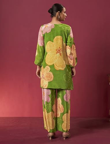 Image of Arangya Women's Pure Crepe Hand Work Co Ord Set for Women l Stylish Modern Kurta with Side Pocket Bottom l Family Gatherings