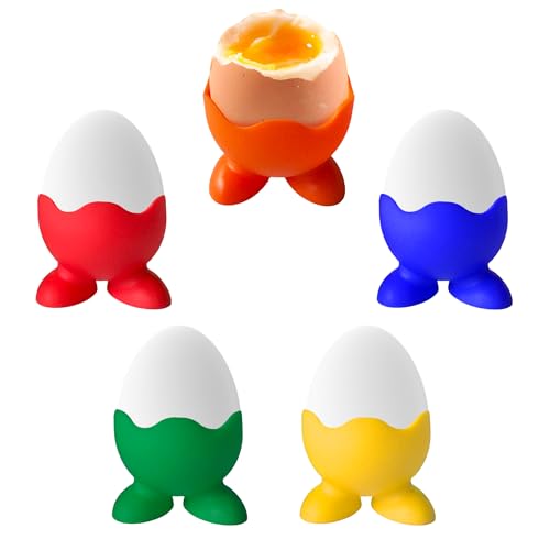 Silicone Egg Serving Cup (Set of 5 Holders) for Cooked Hard Boiled or Poached Soft Eggs - Multi Color Pack for Single Egg w Feet - Dishwasher Safe, Easy to Clean Kitchen Tool - Xmas Breakfast Brunch