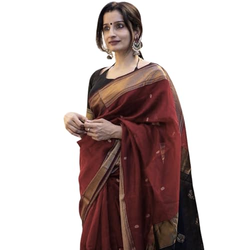 Image of Women's Cotton Woven Soft Sarees With Attach Blouse Piece.