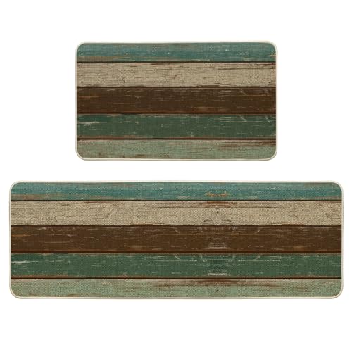 Artoid Mode KITCHENMAT-RUBBER-REGULAR-4373118-041 Green Retro Rustic Wood Texture Kitchen Mats Set Of 2, Home Spring Summer Decor Kitchen Rugs cover