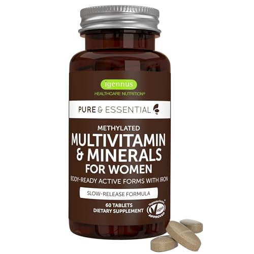 Igennus High Potency Methylated Multivitamin for Women with Gentle Iron, 5-MTHF Folate & Methylcobalamin B12, Pure & Clean, Sustained Release, Active B-Complex & K2 MK-7, Non-GMO, 60 Vegan Tablets