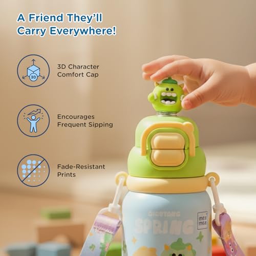 Image of Mee Mee Oasis Sip Kids Insulated Water Bottle 460ml | SUS316 Stainless Steel | 3-in-1 Straw, Spout & Sip Lid | Leakproof School Bottle for Kids | 12H Cold & 8H Hot | BPA-Free Sipper with Strap