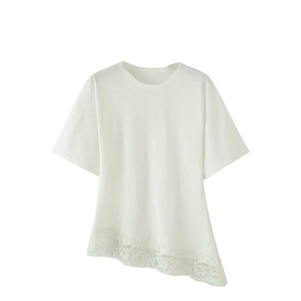 QXDZSW damska asymetryczna koszulka z koronkowym obszyciem luźny bawełniany top wiosna moda minimalistyczna elegancka bluzka