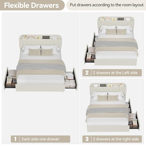 GarveeHome Full Bed Frame with Storage Headboard, Kids Bed Frame with 2 Drawers, Boucle Upholstered Platform Bed with Bookcase, No Box Spring Needed, Easy Assembly, Ivory White