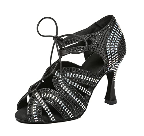 Chaussures de danse latine à lacets et strass Noir Talon 9 cm Al453