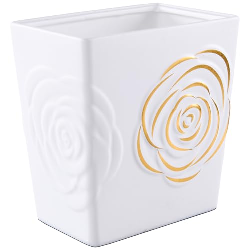 Caneca de basura rectangular de cerámica blanca y oro 9 litros