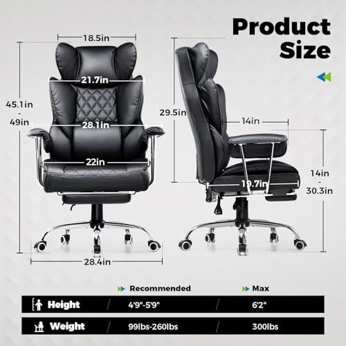 COMHOMA Big and Tall Office Chair, High Back Leather Gaming Chair with Footrest, Executive Ergonomic Office Chair with Pocket Spring Lumbar Support and with Outward Fixed Soft Armrests