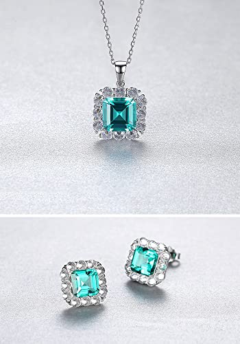 925 Sterling Silver Cz Halo Simulated Emerald Necklace And Earrings For Women, Cubic Zirconia Square Asscher Cut Nano Green Gemstone Pendant And Stud Jewelry Set With Gift Box (Se20090701+Sn21121901) #TOP1
