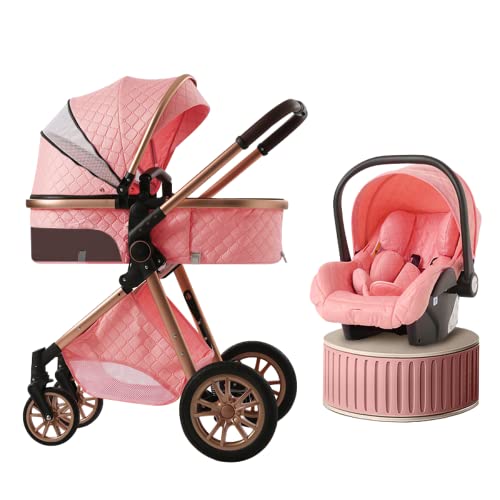 Image of Wisesonle Baby Stroller, High Landscape Infant Bassinet Stroller, Baby Carriage, 3 in1 Folding Prams, Newborn Stroller Revtrollerersible Sleeping Basket, Anti-Shock 4 Wheels (Pink)