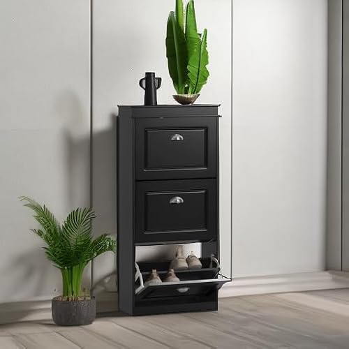 Haotian FSR94-SCH, Black Shoe Cabinet with 3 Flip Drawers, Freestanding Shoe Rack, Shoe Storage Rack(9.4\" D x 20.9\" W x 46.1\" H)