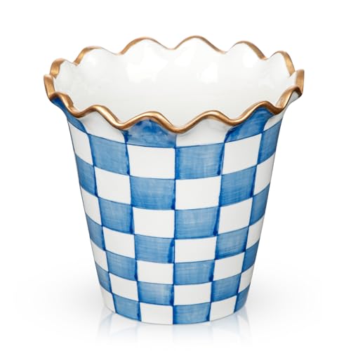 Briful Ceramic Planter with Drainage Hole 5.9in Blue and White Checkered Flower Pot for Indoor Plants Modern Decorative Plant Pot for Succulents Orchids & Herbs Home Office Decor