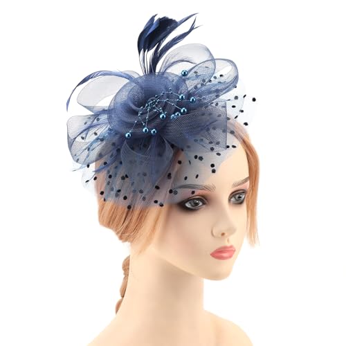 Image of DRESHOW 1920s Vintage Fascinators Hat for Women Veil Mesh Tea Party Derby Hat Bow Satin Gloves Pearl Jewelry Set for Cocktail