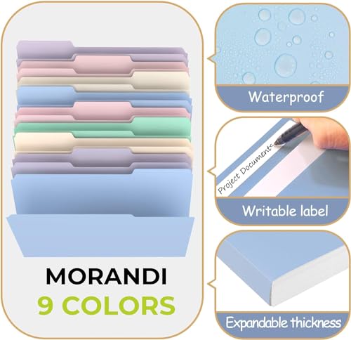 HABGP 9 Pcs Manilla Folders 8.5 x 11 Inch, 1/3-Cut Tab Colored File Folders Letter Size, Plastic Folders Aesthetic, School Business Office Manila Folders for Documents Paper