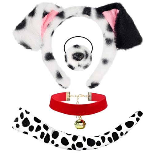 Dazzroi 4Pcs Spotted Dog Costume Accessories Set Funny Animal Cosplay Set Includes Furry Dog Ears Headband Nose Tail Bow Tie Dogs Fancy Dress Kit for World Book Day Halloween Party Carnival