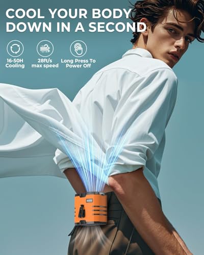 Image of Portable Waist Fan with Clip, 10000mAh Rechargeable Wearable Belt /Neck USB Fans, 3 Lights, 25-Hour Cooling, LED Display, 4-in-1 Table Fans for Outdoor, Camping, Travel (Orange)