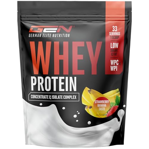 Whey Protein Complex - 1000 g (Fresa Plátano) - Con contenido de aislado - Proteína en polvo soluble instantánea con BCAA & EAA - German Elite Nutrition