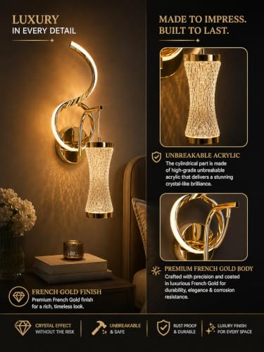 Image of FILLISKA Luxurious LED Wall Lamp for Home with Adjustable Colour Changing Function (1 Year Warranty)(French Gold-1053)