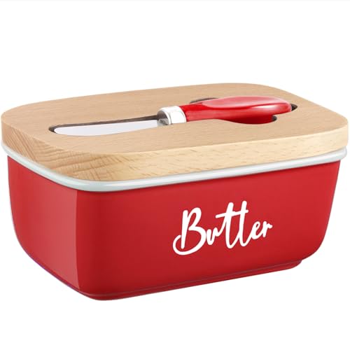 ALELION Red Butter Dish with Lid and Knife for Countertop, Ceramic Butter Container with Beech Wood Lid, Airtight Butter Keeper for Counter, for Red Kitchen Decor and Accessories