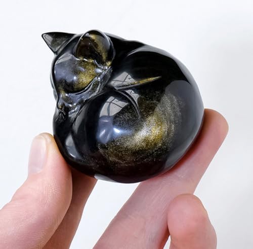 Statue chat en obsidienne dorée sculptée main pour déco chic - 3