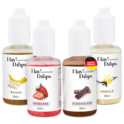 hCGC Gotas aromáticas FlavDrops 4 x 30 ml, sin azúcar y sin calorías, vainilla, fresa, chocolate, plátano para endulzar y aromatizar postres, productos horneados, batidos de proteínas y bebidas, sin