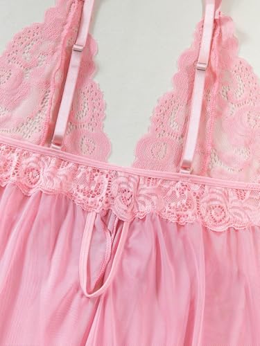 Image of Foxiny Sexy Open Front V Neck Ruffle Sheer Mesh Lace Wireless Babydoll Lingerie Dress with Thong 2 Piece