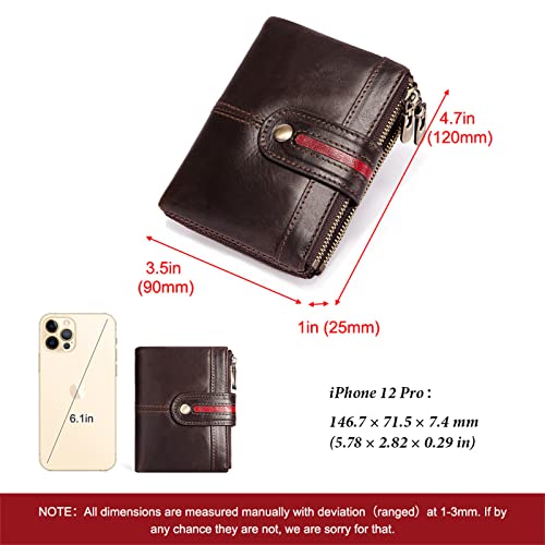 Genuine Leather Wallets for Men,RFID Blocking Cowhide Vintage Bifold Zipper Snap Closure Large Capacity 7 Credit Card Slots+2 Banknote Compartment+2 Zip Coin Pocket+1 ID Window2