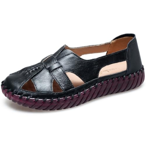 Image of EFTCAL Women's Cowhide Closed Toe Hollow Out Slip On Loafers,Comfort Walking Flat Fisherman Sandals Casual Fashion Breathable Walking Shoes Driving Shoes