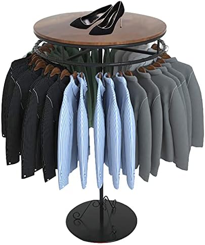 Freestanding Round Rotating Clothes Rack with Walnut Top - Stylish Clothing Display Stand for Retail Stores, Perfect for Organizing and Showcasing Apparel and Accessories