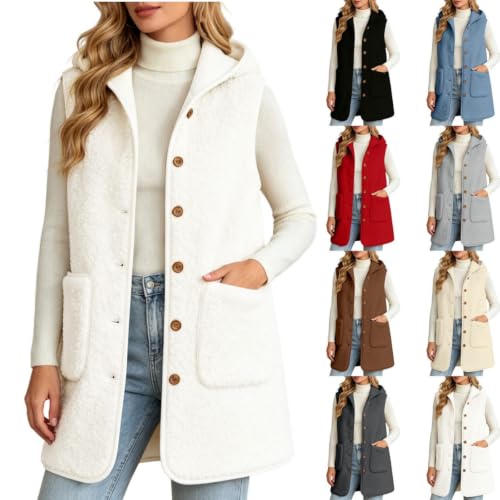 Fleece Hooded Vest Women Sharpa Sleeveless Button Down Long Jackets Vests - image 1