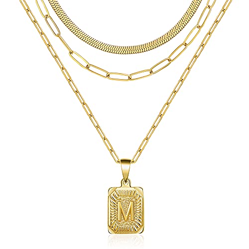 JoycuFF Layering Necklaces for Women 18K Gold Plated Paperclip Necklaces Herringbone Chain for Girls Simple Cute Letter Pendent Gold Initial Necklaces M