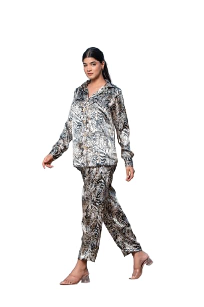 Women Satin Animal Printed Co-ord Set with Shirt Style Top and Straight Pants | Premium Two Piece Outfit for Women (Black, Gold & Beige)-image-45