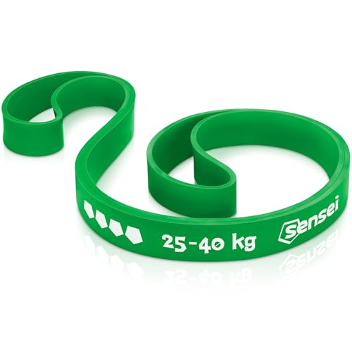 SENSEI Banda Elástica Musculación (25-40 kg) – Goma Elástica para Dominadas y Desarrollo Muscular – con Ebook de Ejercicios – Cinta de Resistencia Fuerte, Verde