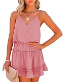 Picture of Newffr Womens V Neck Summer Mini Dress Sleeveless Ruffle Spaghetti Strap Racerback Flowy Beach Vacation Sundresses Pink